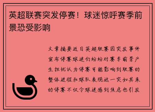 英超联赛突发停赛！球迷惊呼赛季前景恐受影响